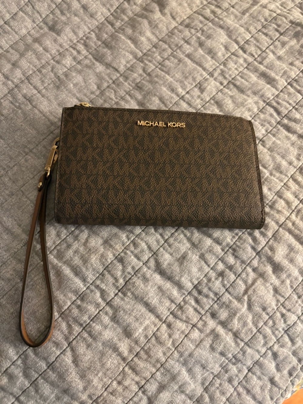 Michael Kors Brown Logo Wristlet Wallet with Gold Hardware